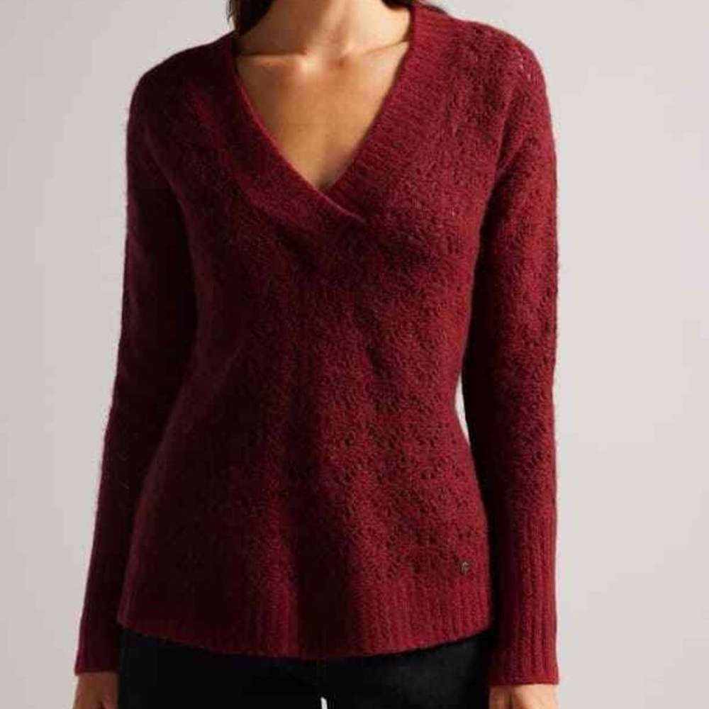 Ted Baker Jackeiy Open Knit V-Neck Sweater Red Wool Blend Women’s Size 2